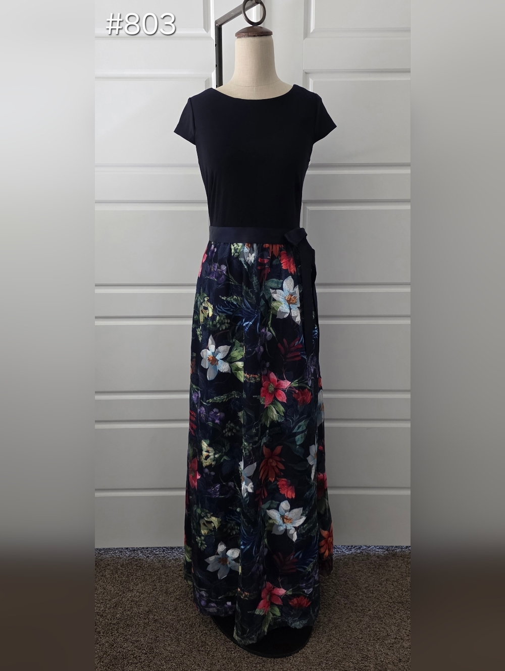 Floral & Navy Maxi Dress with Cap Sleeves